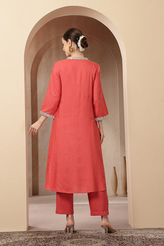 Maternity Concealed Zip Feeding Kurta Set with Dupatta - Coral Pink