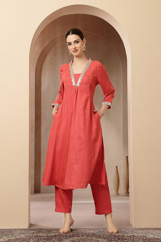 Maternity Concealed Zip Feeding Kurta Set with Dupatta - Coral Pink