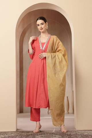 Maternity Concealed Zip Feeding Kurta Set with Dupatta - Coral Pink