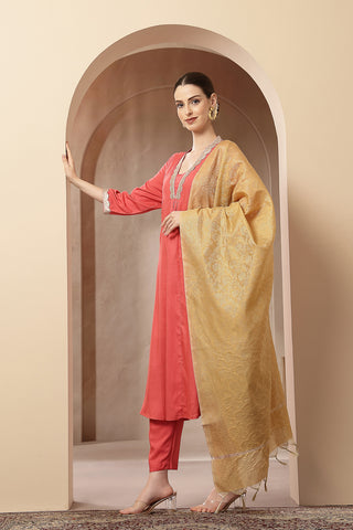 Maternity Concealed Zip Feeding Kurta Set with Dupatta - Coral Pink