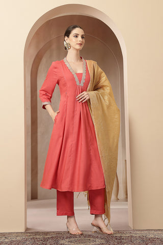 Maternity Concealed Zip Feeding Kurta Set with Dupatta - Coral Pink