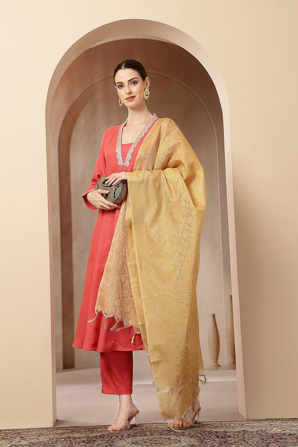 Maternity Concealed Zip Feeding Kurta Set with Dupatta - Coral Pink