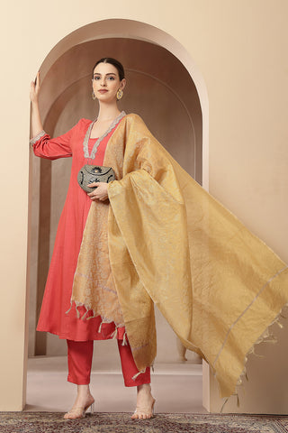 Maternity Concealed Zip Feeding Kurta Set with Dupatta - Coral Pink