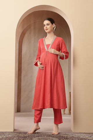 Maternity Concealed Zip Feeding Kurta Set with Dupatta - Coral Pink