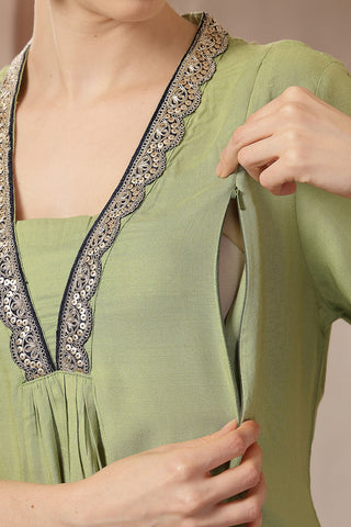 Maternity Concealed Zip Feeding Kurta Set with Dupatta - Parrot Green