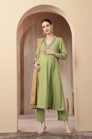 Maternity Concealed Zip Feeding Kurta Set with Dupatta - Parrot Green