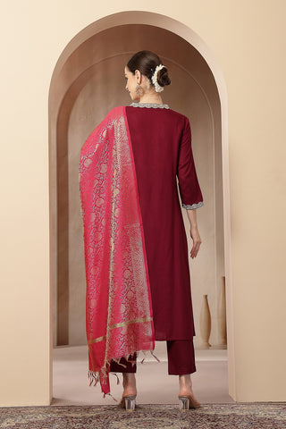 Maternity Concealed Zip Feeding Kurta Set with Dupatta - Maroon