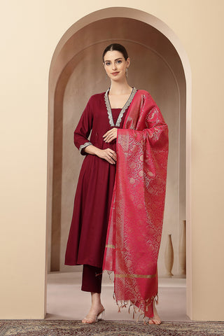 Maternity Concealed Zip Feeding Kurta Set with Dupatta - Maroon