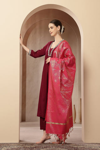 Maternity Concealed Zip Feeding Kurta Set with Dupatta - Maroon