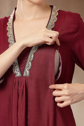 Maternity Concealed Zip Feeding Kurta Set with Dupatta - Maroon