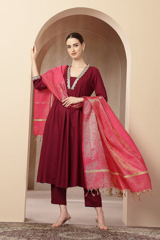 Maternity Concealed Zip Feeding Kurta Set with Dupatta - Maroon