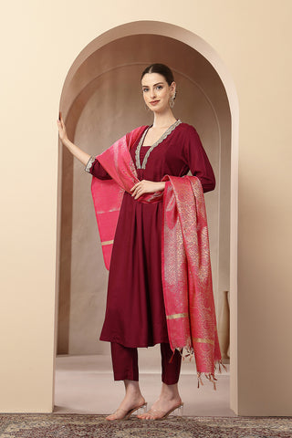 Maternity Concealed Zip Feeding Kurta Set with Dupatta - Maroon