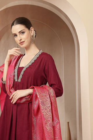 Maternity Concealed Zip Feeding Kurta Set with Dupatta - Maroon