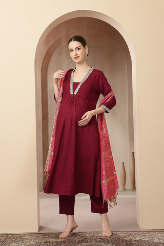 Maternity Concealed Zip Feeding Kurta Set with Dupatta - Maroon