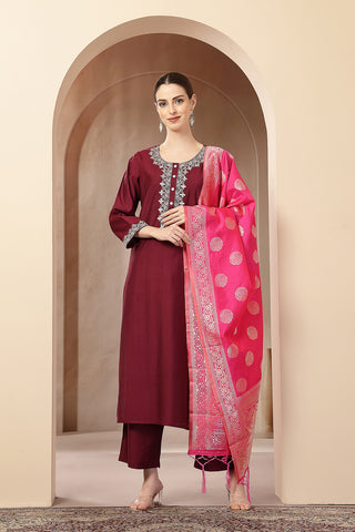 Maternity Zipless Feeding Suit Set with Dupatta - Deep Plum