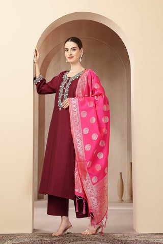 Maternity Zipless Feeding Suit Set with Dupatta - Deep Plum