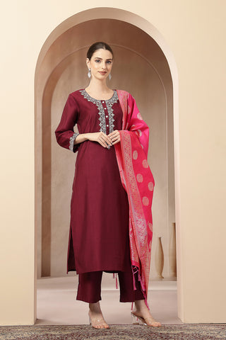 Maternity Zipless Feeding Suit Set with Dupatta - Deep Plum