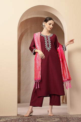 Maternity Zipless Feeding Suit Set with Dupatta - Deep Plum