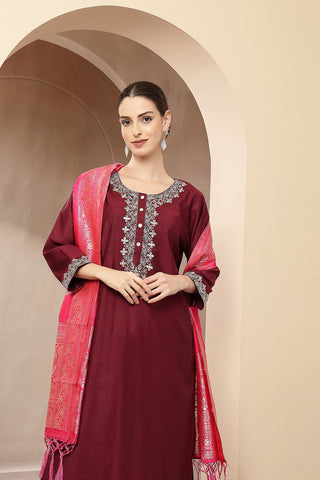 Maternity Zipless Feeding Suit Set with Dupatta - Deep Plum