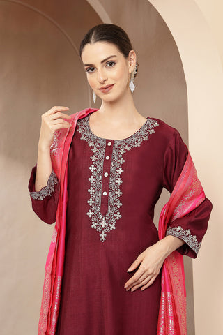 Maternity Zipless Feeding Suit Set with Dupatta - Deep Plum