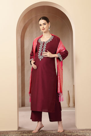 Maternity Zipless Feeding Suit Set with Dupatta - Deep Plum