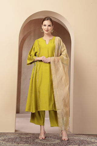 Mustard Yellow Concealed Roman Silk Suit Set: Discreet Zips for easy nursing, featuring a Flattering A-Line silhouette.