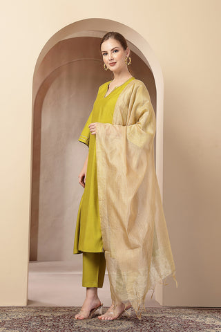 Model action shot of the Mustard Yellow Concealed Suit Set, demonstrating ease of movement and fit.