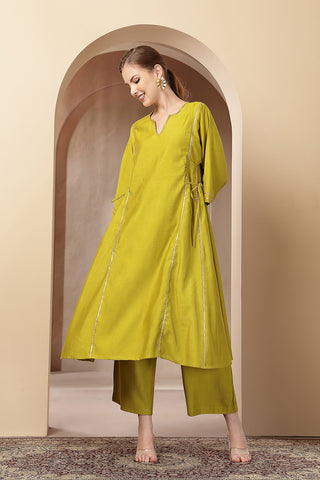 High-quality image of the Roman Silk texture and finish of the Mustard Yellow Concealed Suit Set.