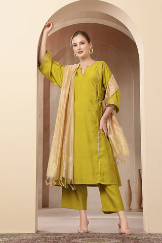 High-quality image of the Roman Silk texture and finish of the Mustard Yellow Concealed Suit Set.