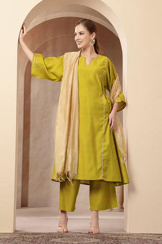 High-quality image of the Roman Silk texture and finish of the Mustard Yellow Concealed Suit Set.