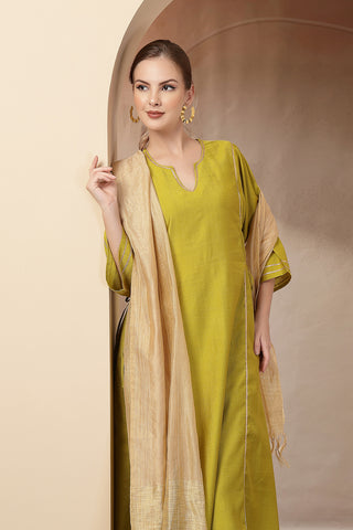 Close-up of the Mustard Yellow Concealed pattern and soft Roman Silk fabric texture.