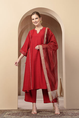 Red Concealed Zip Roman Silk Suit Set: Discreet Zips for easy nursing, featuring a Flattering A-Line silhouette.