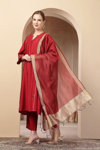 Model action shot of the Red Concealed Zip Suit Set, demonstrating ease of movement and fit.