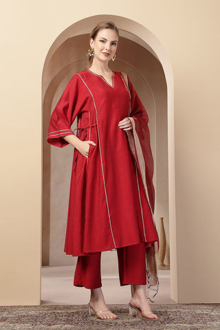 High-quality image of the Roman Silk texture and finish of the Red Concealed Zip Suit Set.