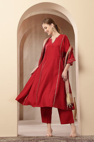 High-quality image of the Roman Silk texture and finish of the Red Concealed Zip Suit Set.