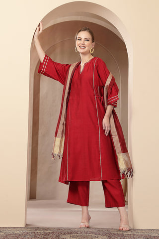 High-quality image of the Roman Silk texture and finish of the Red Concealed Zip Suit Set.