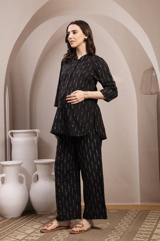 Ikat Zipless Maternity Kurta Set - Black