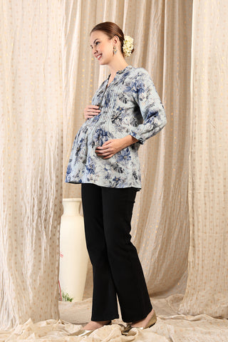 Sky Blue Printed Top; all over print offers a styled fashion look.