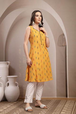 Ikat Sleeveless Zipless Maternity Kurta - Mustard