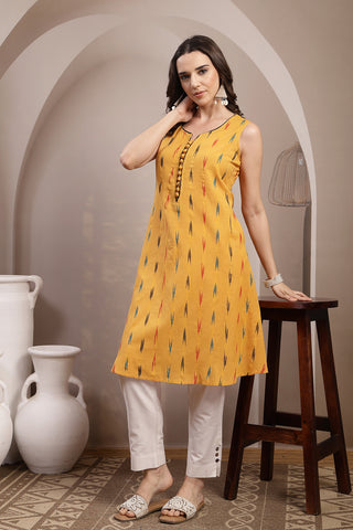 Ikat Sleeveless Zipless Maternity Kurta - Mustard