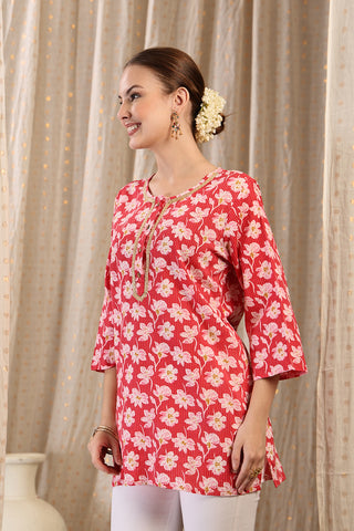 Red Floral Cotton Top; pure cotton material is soft on skin and lightweight.