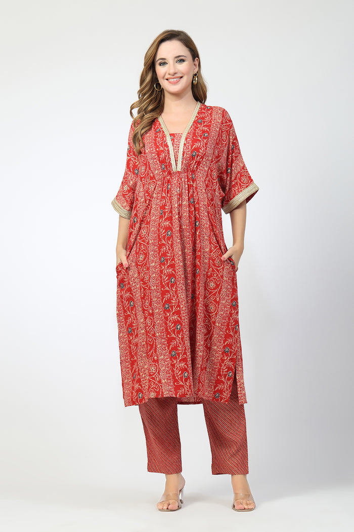Maternity All Over Printed Zipless Feeding Kurta Set - Red