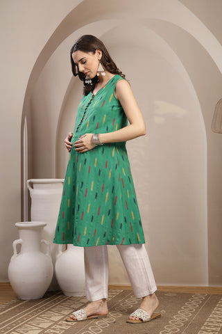 Ikat Sleeveless Zipless Maternity Kurta - Green