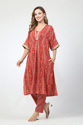 Maternity All Over Printed Zipless Feeding Kurta Set - Red