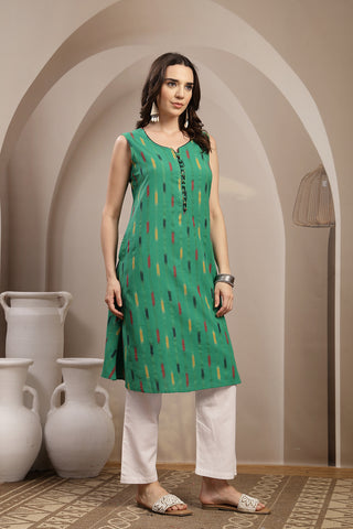Ikat Sleeveless Zipless Maternity Kurta - Green
