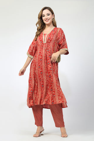 Maternity All Over Printed Zipless Feeding Kurta Set - Red