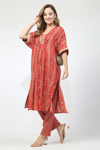 Maternity All Over Printed Zipless Feeding Kurta Set - Red