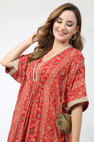 Maternity All Over Printed Zipless Feeding Kurta Set - Red