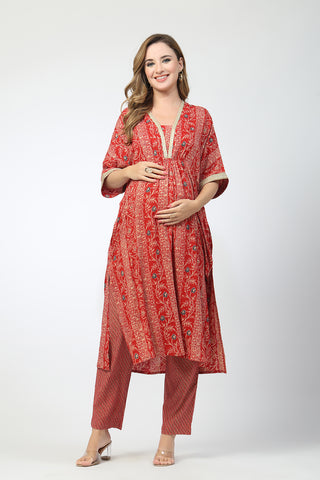 Maternity All Over Printed Zipless Feeding Kurta Set - Red
