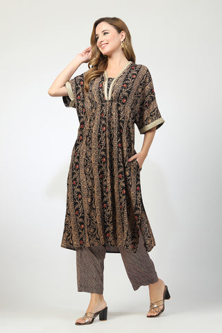Maternity All Over Printed Zipless Feeding Kurta Set - Black
